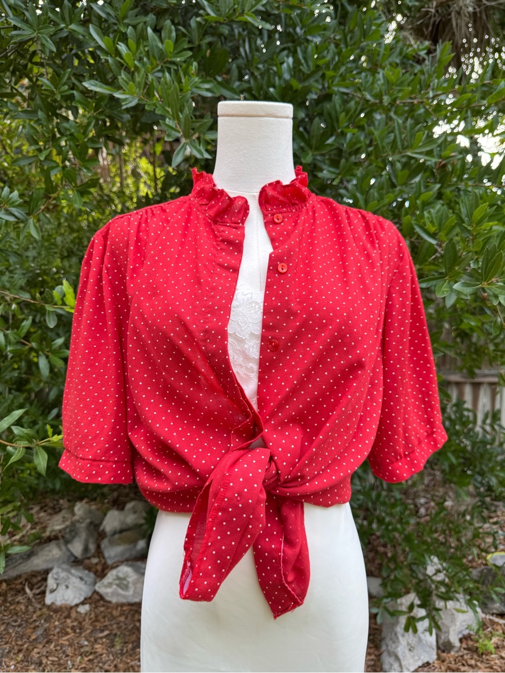 Vintage Joanna’s Red Polka Dot Ruffle Mock Neck Blouse | Americana Prairie